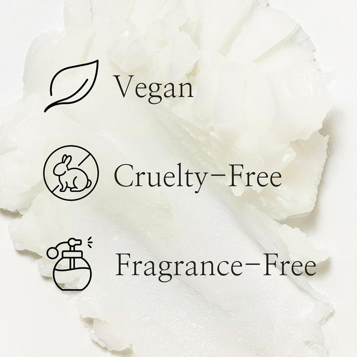White flower with 'Vegan', 'Cruelty-Free', and 'Fragrance-Free' labels on a white background
