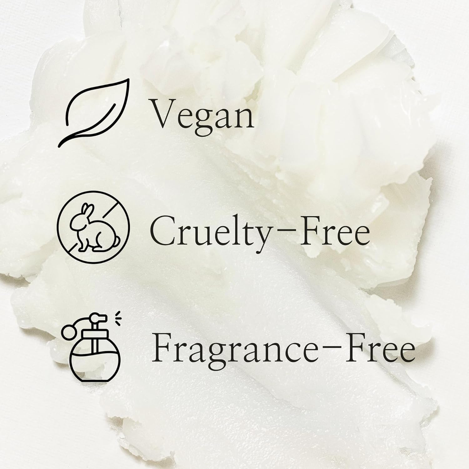 White flower with 'Vegan', 'Cruelty-Free', and 'Fragrance-Free' labels on a white background
