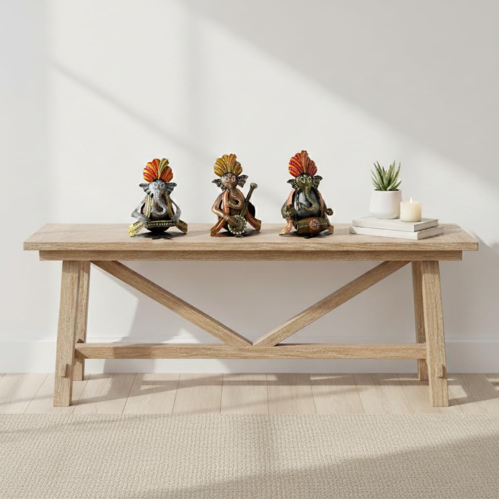 CraftVatika Metal Ganesha Playing Musical Instruments Set of 3, Handcrafted Ganesha Playing Dholak Harmonium Sitar Showpiece for Living Room Tabletop Home Décor Items, Ganesh Musical Showpiece