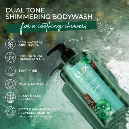 Lux body wash bottle with product features and benefits displayed on a green background.