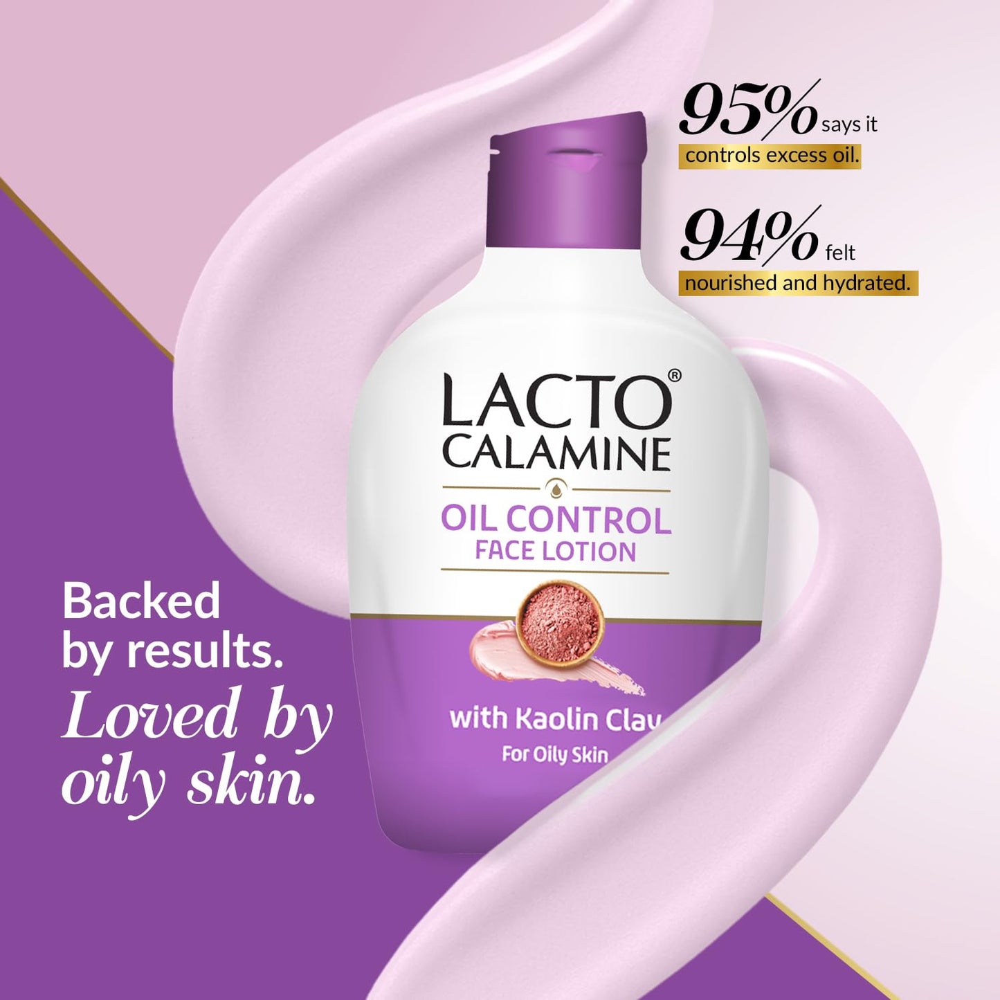 Lacto Calamine oil control face lotion bottle with purple and white design on a pink background