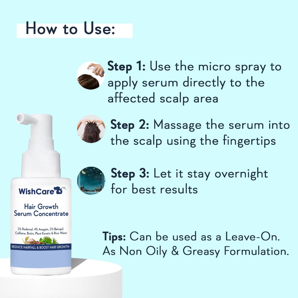 Hair growth serum concentrate with usage instructions on a light blue background