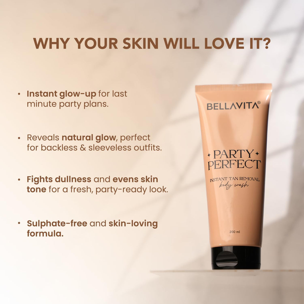 Bellavita Party Perfect instant tan removal body wash with product features listed on a beige background