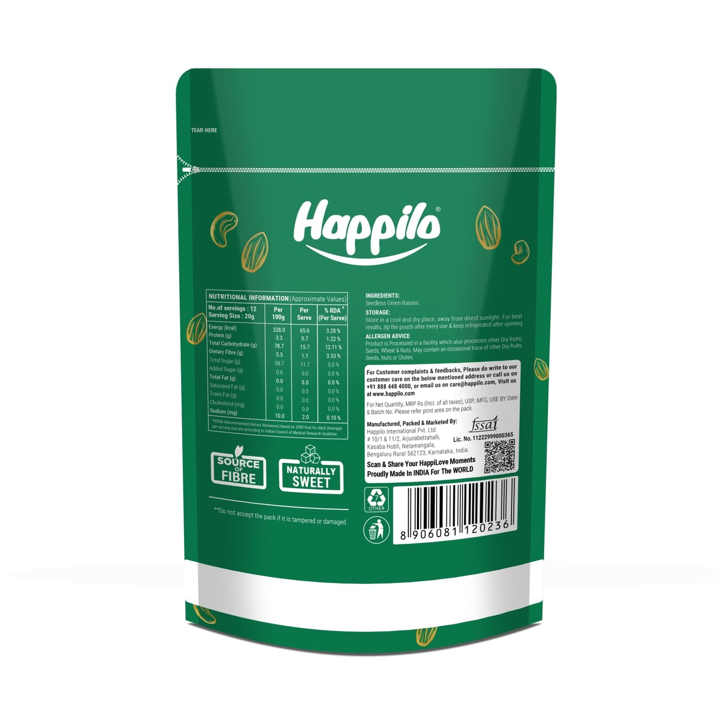 Happilo Premium Seedless Green Raisins 250g | Quality Kishmish/Kismis | Dry Fruits, Healthy Snacks | Nutritious, Rich in Iron, Antioxidants & Vitamin B | Tasty Natural Snack
