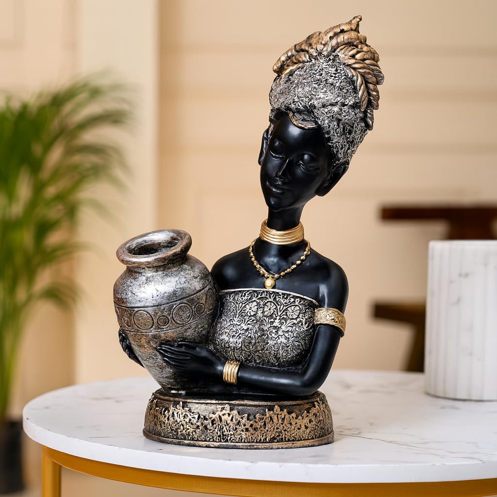 African Lady Statue with Pot for Table Décor | Home Décor (Pack of 1, Black,Silver & Golden)