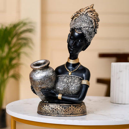 African Lady Statue with Pot for Table Décor | Home Décor (Pack of 1, Black,Silver & Golden)