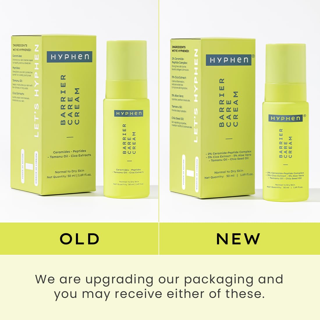 Comparison of Hyphen Barrier Care Cream packaging between 'Old' and 'New' versions on a white background.