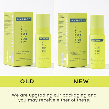 Comparison of Hyphen Barrier Care Cream packaging between 'Old' and 'New' versions on a white background.