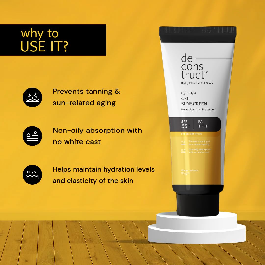 Tube of sunscreen with features listed on a yellow background