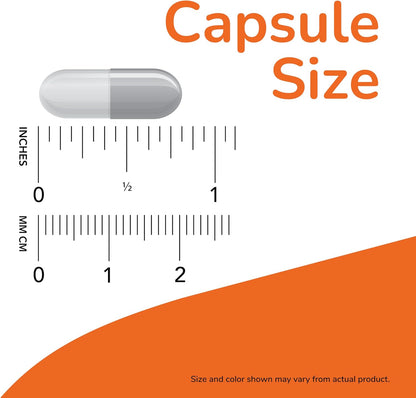 Measurement of a capsule with a ruler and text indicating 'Capsule Size'.