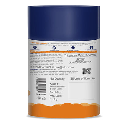 Gritzo Super Gummies, Multivitamin for Kids (Natural Orange Flavour, 30 Gummies) | Zero Added Sugar, 21 Vitamins & Minerals
