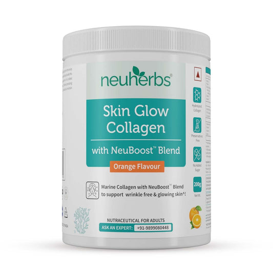 Neuherbs Collagen Supplement | Marine Skin Glow Collagen Peptides for Men & Women | With Hyaluronic Acid, Biotin, Vitamin C & E for Glowing & Youthful Skin | Orange Flavour, 200g