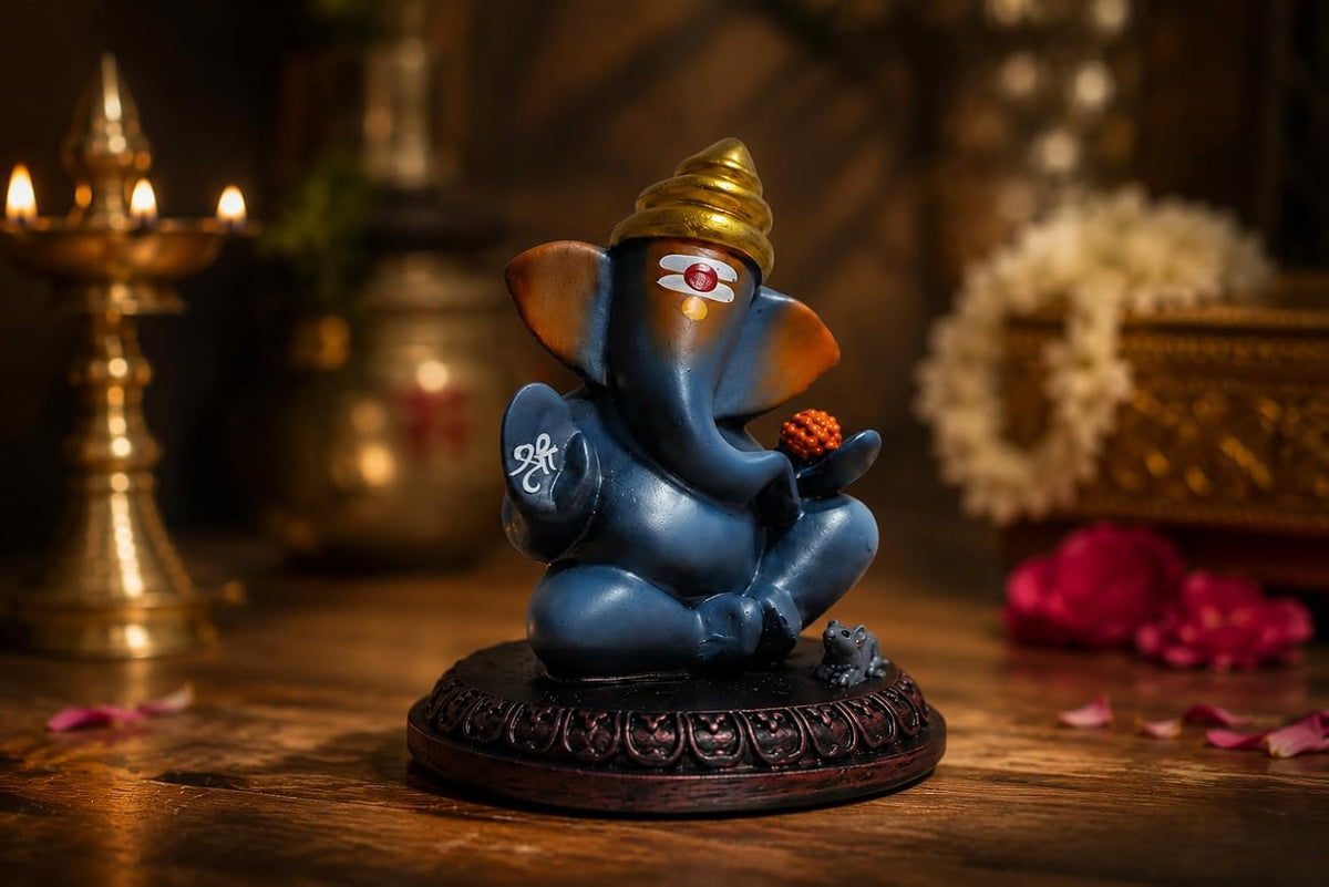 Lord Ganesha Idol with Mouse | 4 Inch Matt Finish Resin Murti | Solid Grey | for Home, Office, Car Dashboard & Gifting