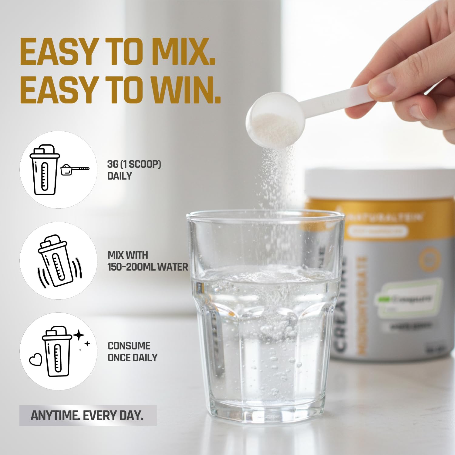 Person measuring protein powder into a glass with text about easy mixing and winning.