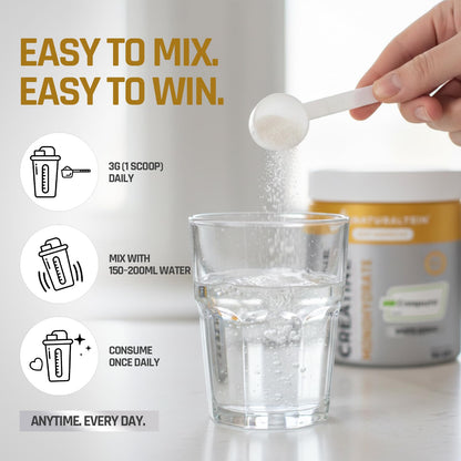 Person measuring protein powder into a glass with text about easy mixing and winning.