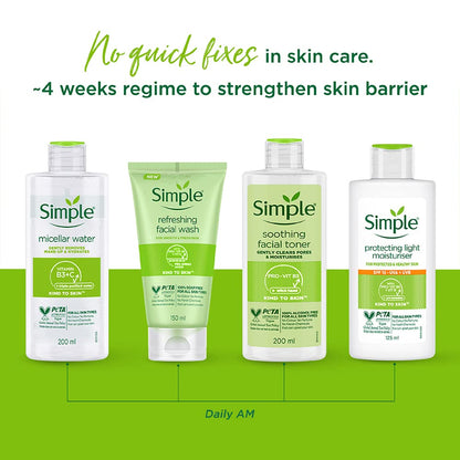 Simple skincare products with a green background and text about skin care routines.