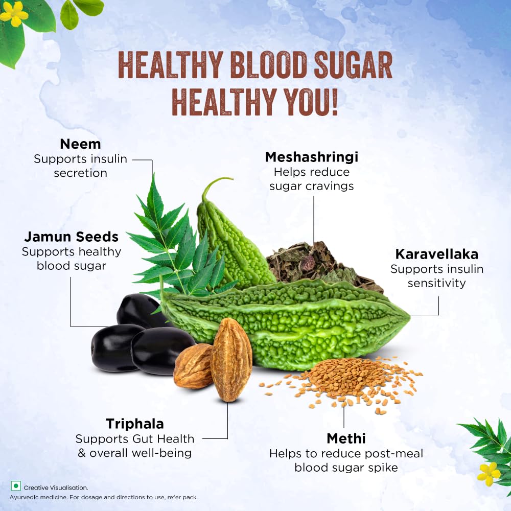 Health benefits of various herbs and fruits for healthy blood sugar levels on a light blue background.