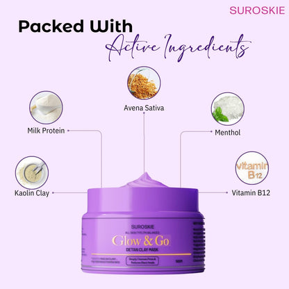 Suroskie Glow & Go De-Tan Clay Mask | Kaolin Clay & Kojic Extract | Removes Tan, Dark Spots & Blackheads | Deep Cleansing & Brightening Face Pack For Glowing Skin | All Skin Types | Men & Women 50G
