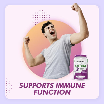 Man with arms raised next to a supplement bottle with 'Supports immune function' text on a gradient background