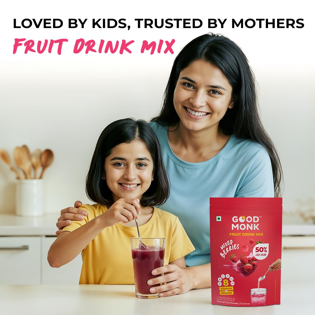 Good Monk Fruit Drink Mix (Natural Mixed Berries Powder), 50% Less Sugar with 8 Vitamins & Minerals (Vitamin B12, C, D, Iron & more) | Tasty & Healthy Mix for Hydration, Energy, Immunity, 10 Serves