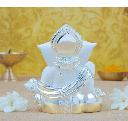Gold Art India Silver Plated White Gaddi Ganesha 8X6X5 Cm Ganesh Idol for Car Dashboard Small Ganesha Murti Ganpati Idol for Home Decor Puja Lord Ganesh Statue Gift for Office Desk Puja Room Figurine