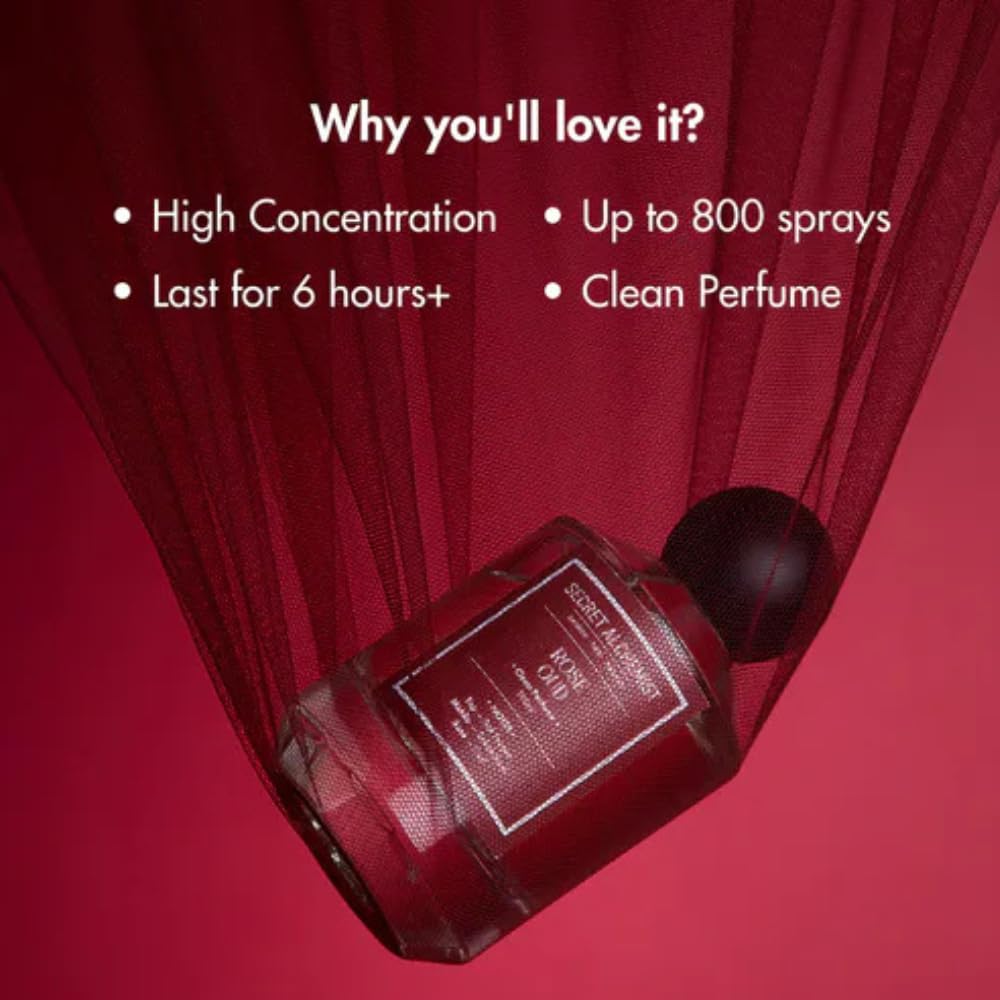 Red perfume bottle with text on a red background