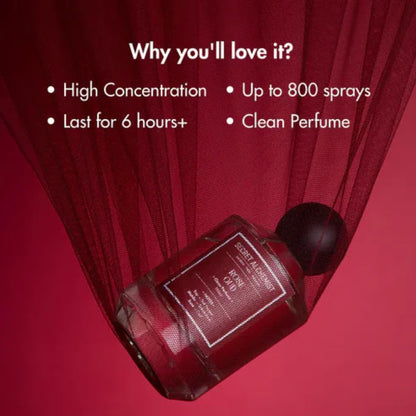 Red perfume bottle with text on a red background