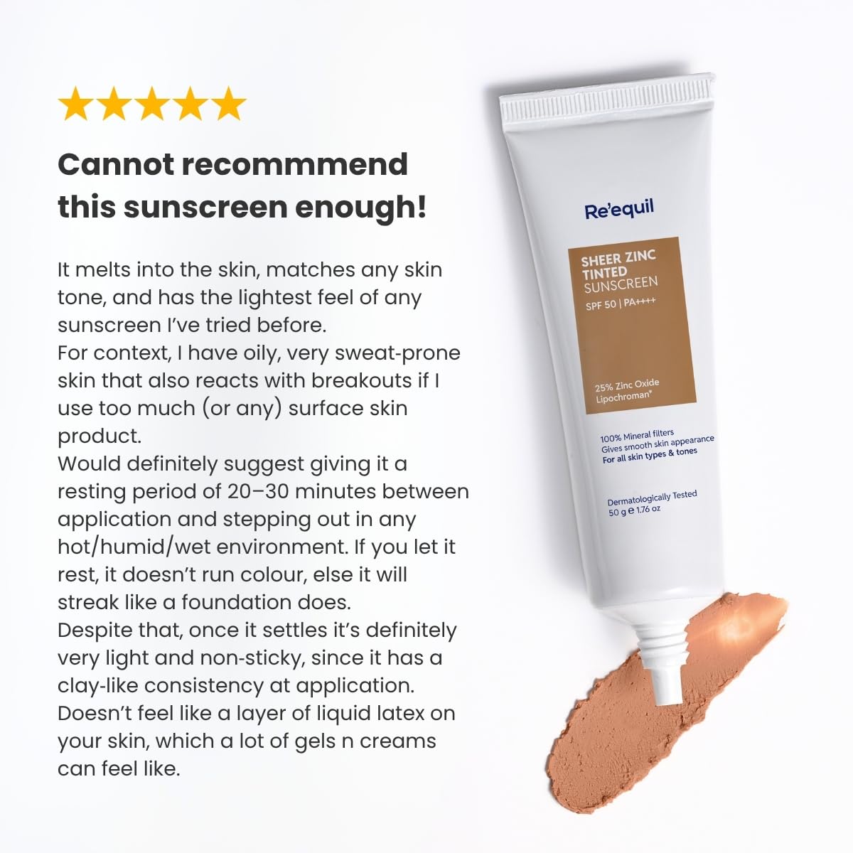 Tube of Re'equil sunscreen with a five-star rating and review text on a white background