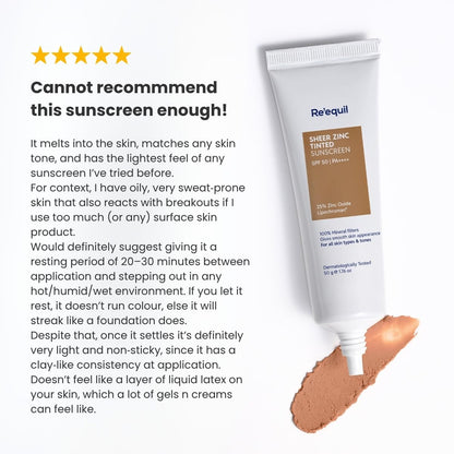 Tube of Re'equil sunscreen with a five-star rating and review text on a white background