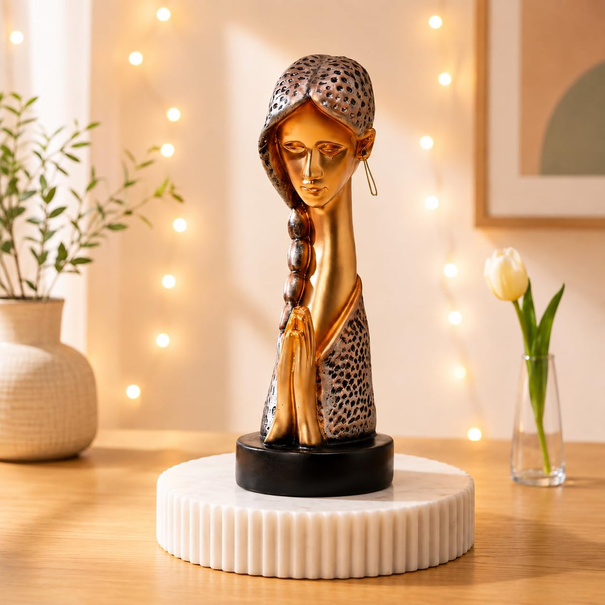 Graceful Resin Namaste Statue of a Girl |Elegant Spiritual Décor (Pack of 1, Golden & Silver)