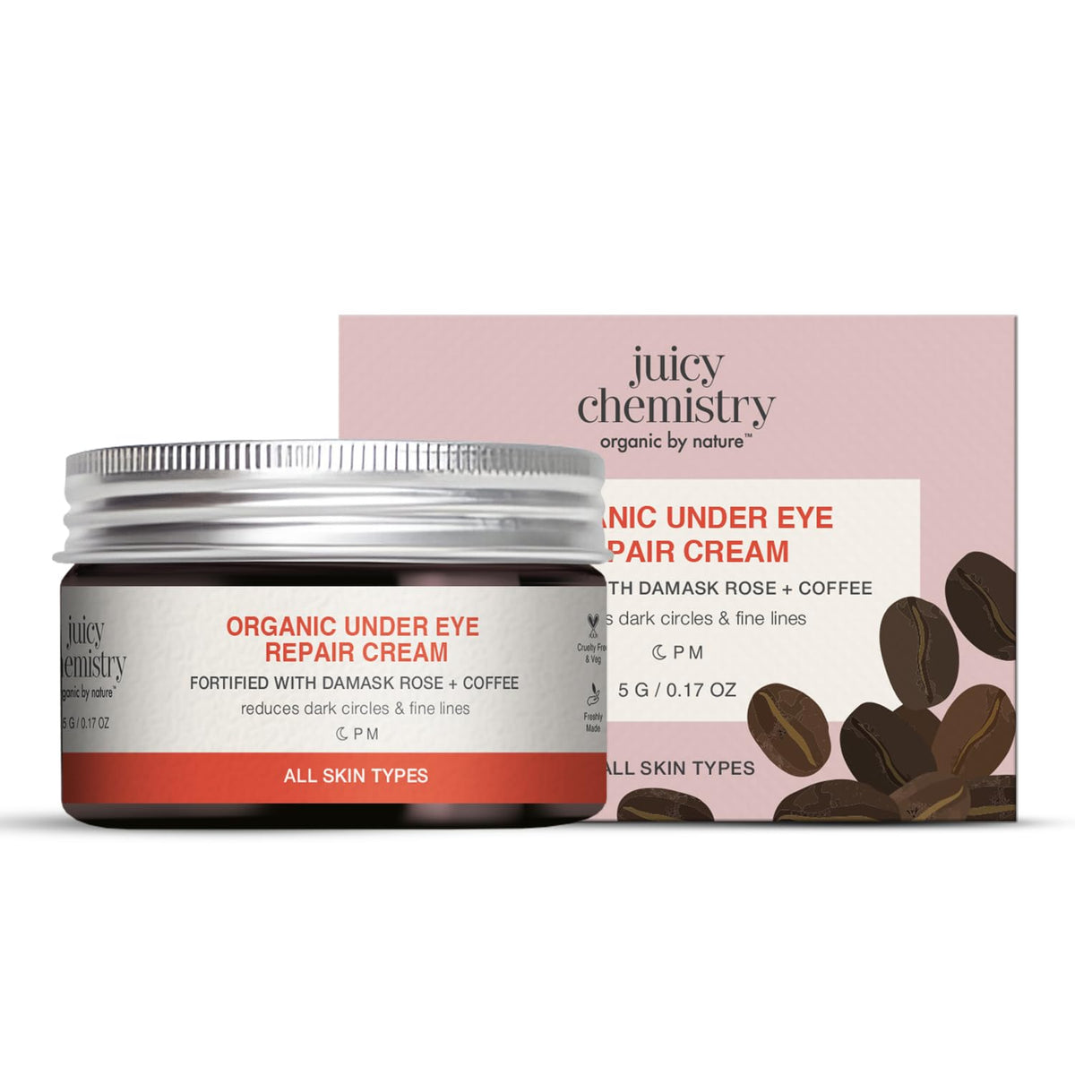 Juicy Chemistry Organic Under Eye Repair Cream with Damask Rose & Coffee, 5g | Reduces Dark Circle & Fine Lines | Hydrating & Brightening Under Eye Cream | Soothes Puffy, Tired Eyes | Dermatologically Tested