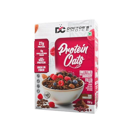 Doctors Choice High Protein Oats 750g | 27g Protein Oatmeal | Dark Choco Berry Flavor | No Added Sugar | Gluten Free | High Fiber Healthy Breakfast Oats