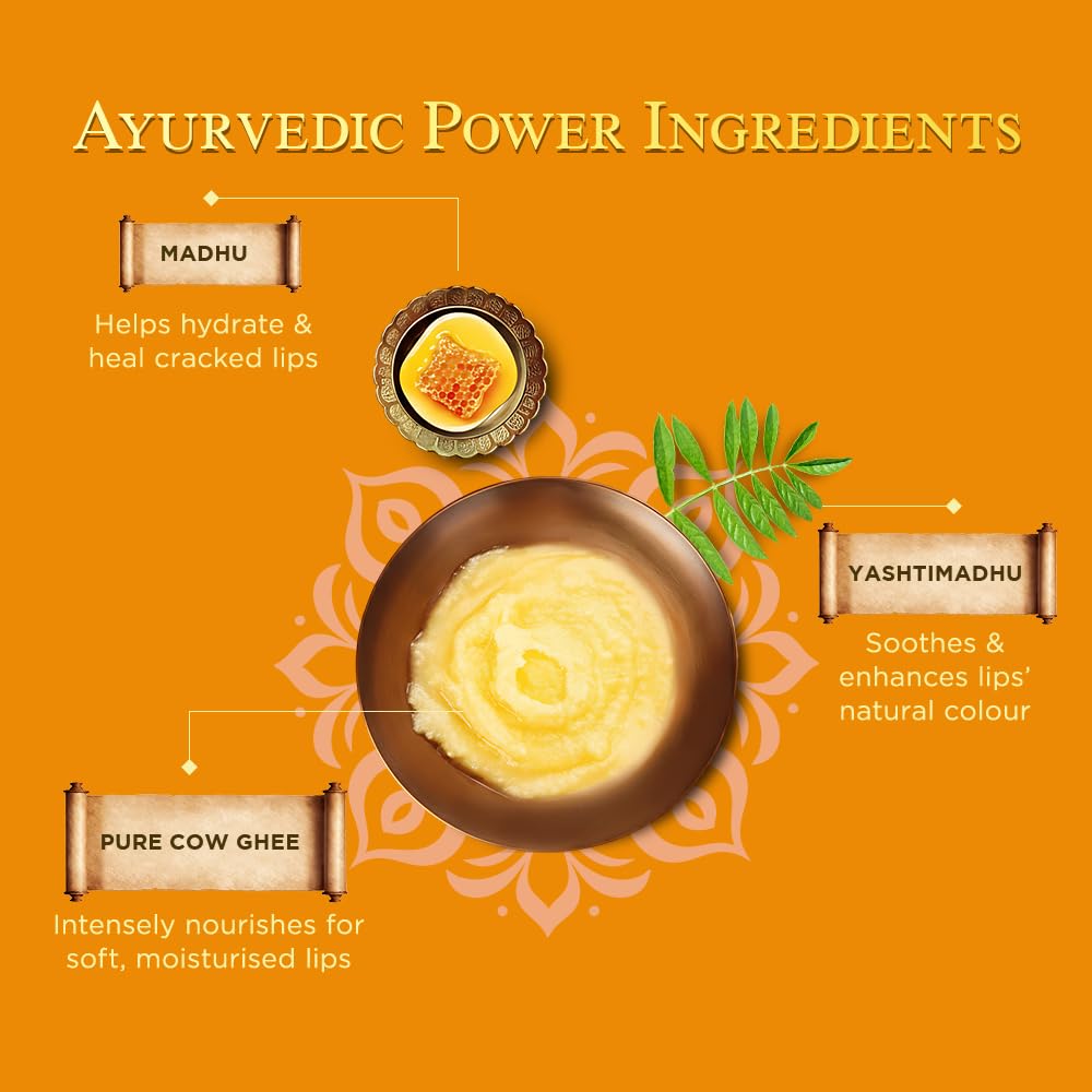 Ayurvedic lip care ingredients with text on an orange background