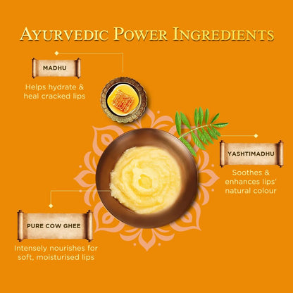 Ayurvedic lip care ingredients with text on an orange background