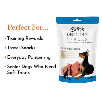 PETS EMPIRE O'Dog Fish Shape Salmon Fillet, Healthy Dog Treats, Chewy Dogs Bites for Training and Feeding, Made with Real Salmon, Non-Vegetarian Pup Snacks for Dogs, Puppies - 100g