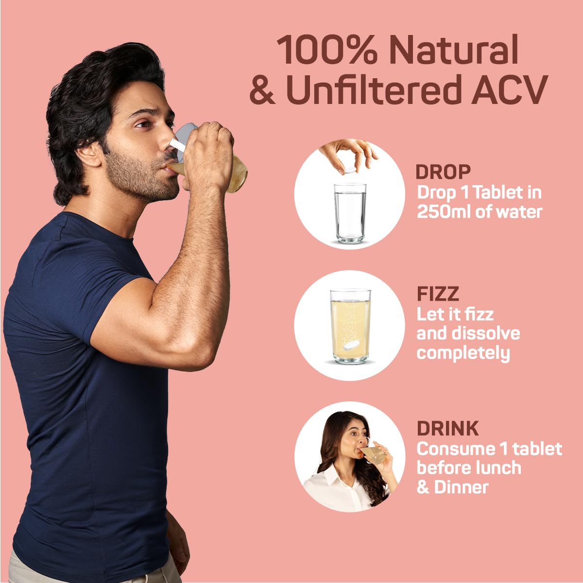 Fast&Up Apple Cider Vinegar Effervescent Tablets | 500mg ACV with Mother, Beetroot, Pomegranate, B6 & B12 | Supports Detox, Gut Health & Weight Management, Green Apple