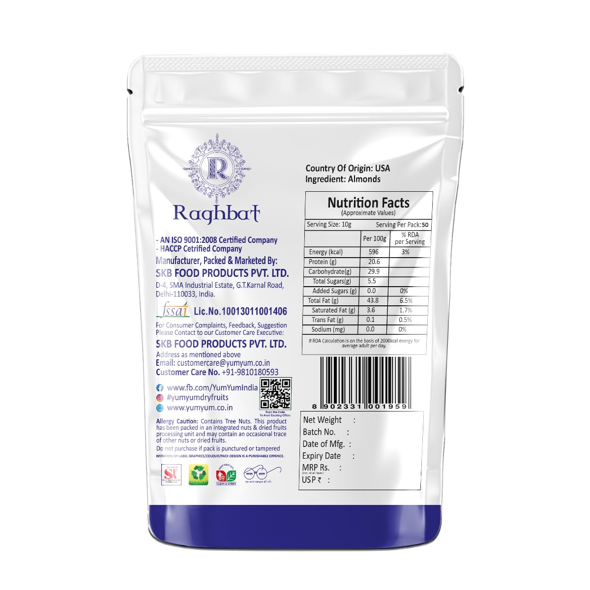 Raghbat California Almonds (500g) – Whole Raw Badam Giri | High Protein & Fibre | Gluten-Free & Non-GMO Dry Fruits