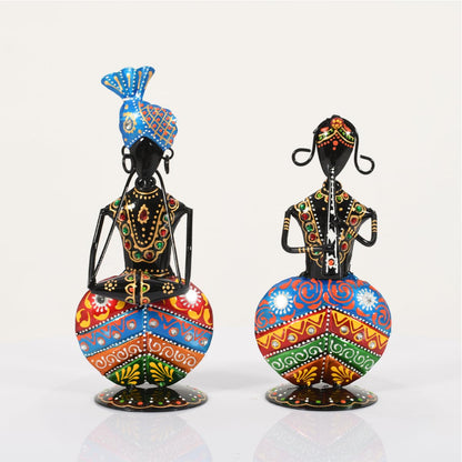 Handcrafted Rajasthani Musician Couple Showpiece Set of 2 | Traditional Metal Folk Art Figurines | Handmade Ethnic Home Decor for Living Room, Office, Shelf & Tabletop | Housewarming Gift