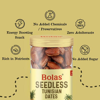 Bolas Seedless Tunisian Dates 400g | Khajur/Khajoor | Naturally Sweet | No Added Sugar | No Preservatives | Rich in Fibre & Vitamins | Healthy Snack