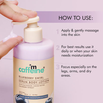 Caffeine Blueberry Swirl Serum Body Lotion with usage instructions on a light purple background