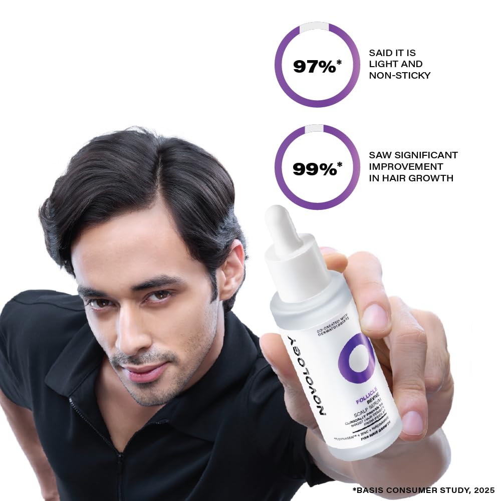 Man holding a hair growth product with statistics on hair improvement.