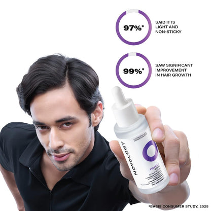 Man holding a hair growth product with statistics on hair improvement.