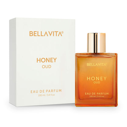 Bellavita Honey Oud Eau de Parfum bottle and packaging on a white background