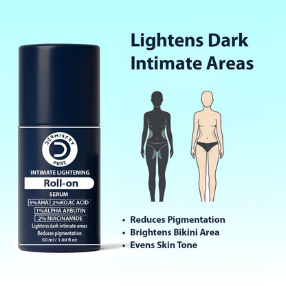 Intimate lightening roll-on serum with product packaging and benefits on a light blue background
