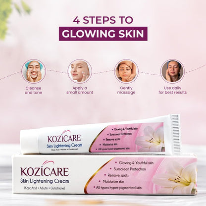 Kozicare Skin Lightening Non-Sticky Cream Lotion | Enriched with 3% Kojic Acid, 1% Alpha Arbutin, 1% Glutathione, 2% Niacinamide, 2% Vitamin C | Best for Melasma, Pigmentation, Dark/Age Spots, Uneven Skin Shade - 15gm (New Formula)