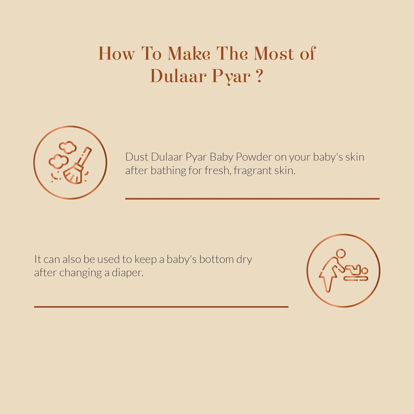 Instructions on using Dulaar Pyar baby powder with icons and text on a beige background
