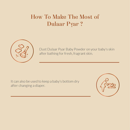 Instructions on using Dulaar Pyar baby powder with icons and text on a beige background