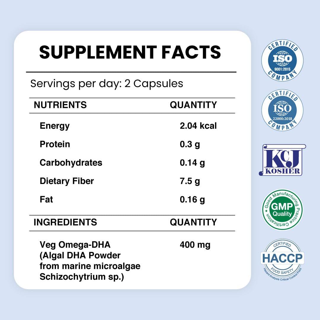 Zeroharm Veg Omega DHA Capsules 400mg | Plant-Based Omega-3 from Algae (Not Fish Oil) | Supports Brain, Heart, Eye & Joint Health | Veg Omega 3 DHA Supplement for Men and Women | 60 Capsules