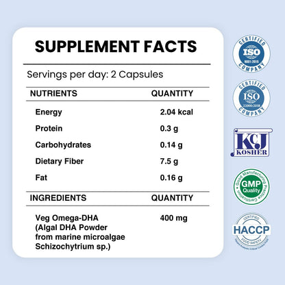 Zeroharm Veg Omega DHA Capsules 400mg | Plant-Based Omega-3 from Algae (Not Fish Oil) | Supports Brain, Heart, Eye & Joint Health | Veg Omega 3 DHA Supplement for Men and Women | 60 Capsules