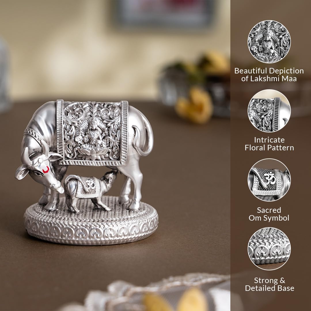 Svastika 999 Silver Plated Kamdhenu Cow with Calf Idol | 2.5 Inch Kamadhenu Gomatha Vastu Showpiece | Kaamdhenu Idol for Puja | Anniversary Wedding Housewarming Gift